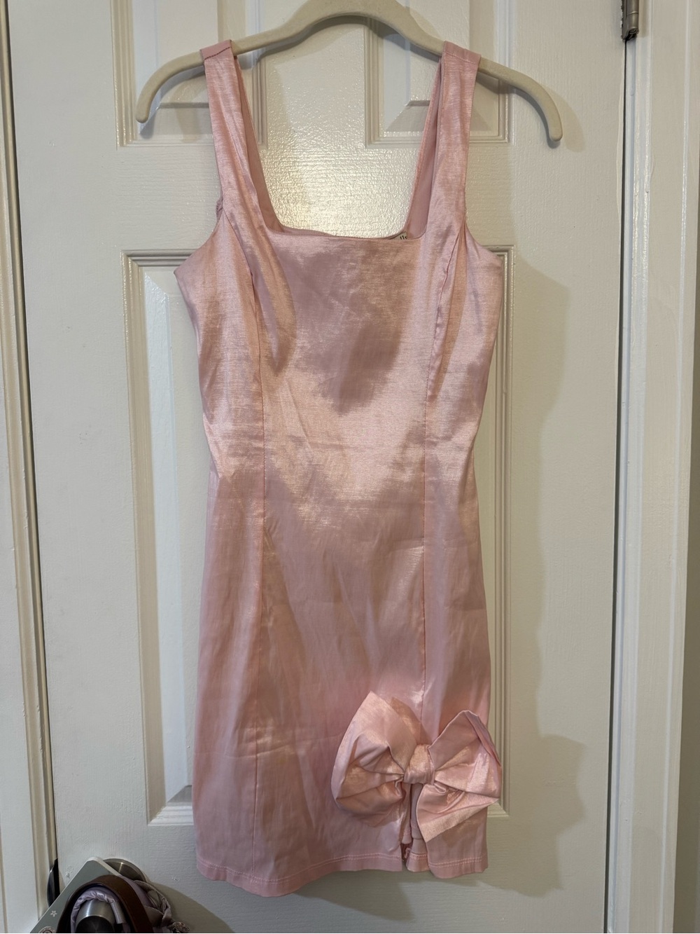 Allison & Kelly pink satin mini dress with a large bow detail
